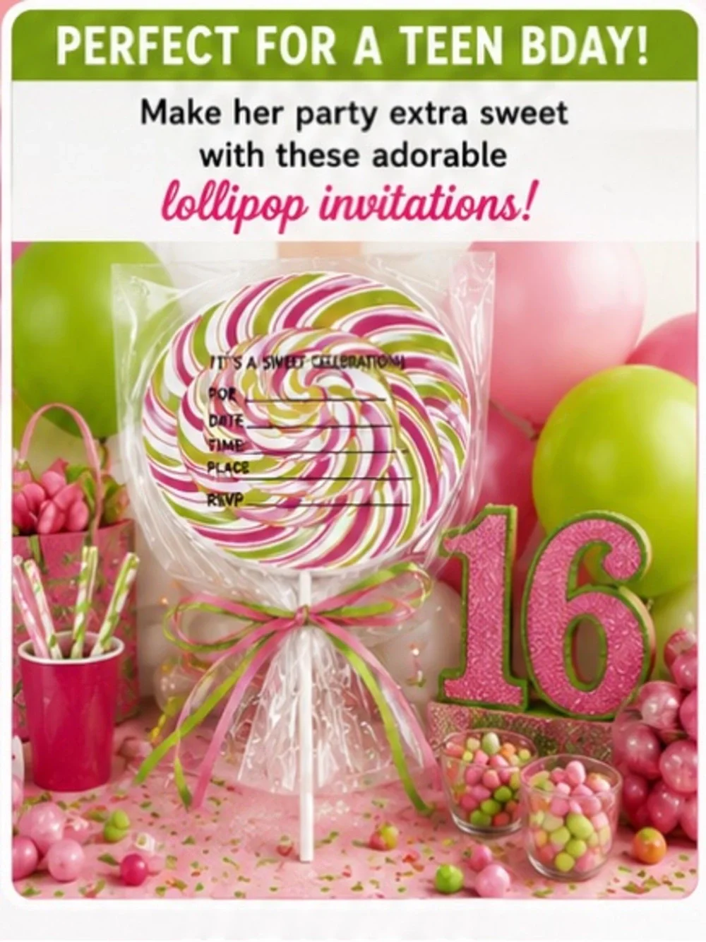 Pink & Green Lollipop Party Invitations 🍭 Teen Candy Birthday – Pack of 10